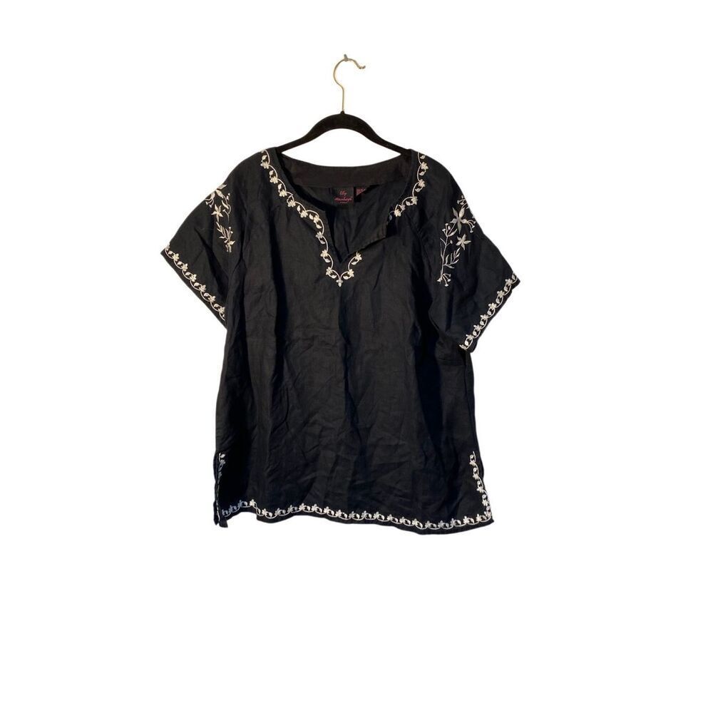 Lily starhope women’s 100% linen black embroidered floral top 1X